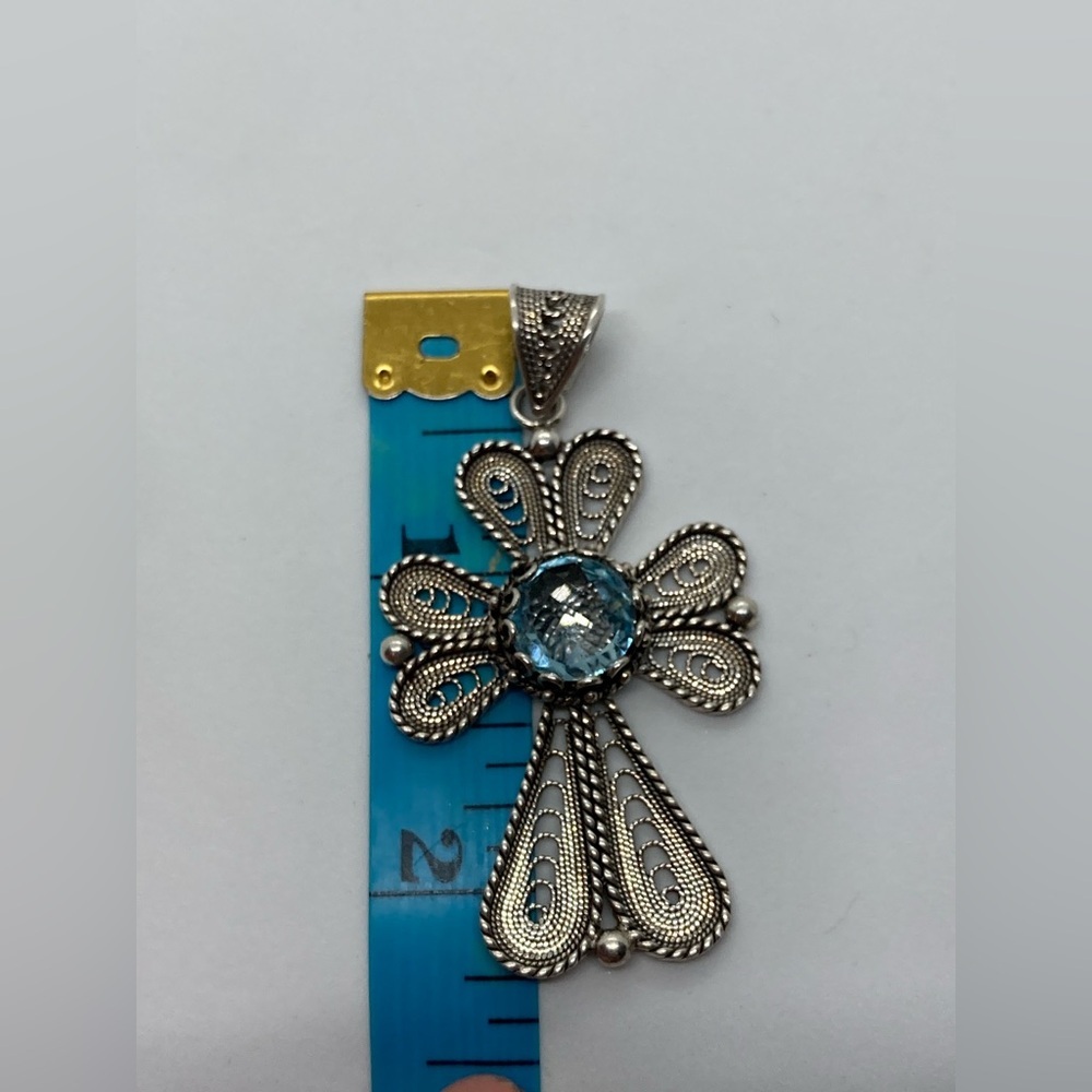 Vtg Sterling & Topaz Filigree Large Cross Pendant - DGS Turkey / 2.3” Length - Picture 11 of 11